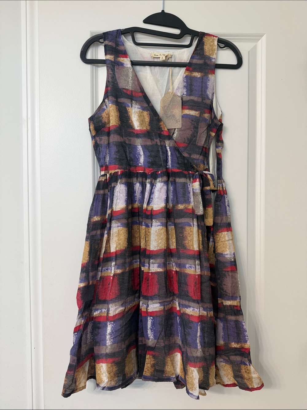 Sleeveless Wrap Midi Dress in Multicolor Plaid